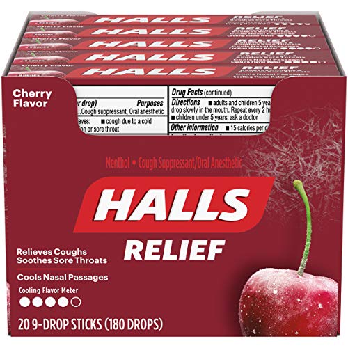 Halls Cherry Cough Drops - with Menthol - 180 Drops (20 sticks of 9 drops)