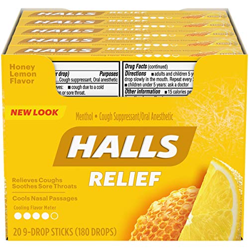 Halls Honey Lemon Cough Drops - with Menthol - 180 Drops (20 sticks of 9 drops)