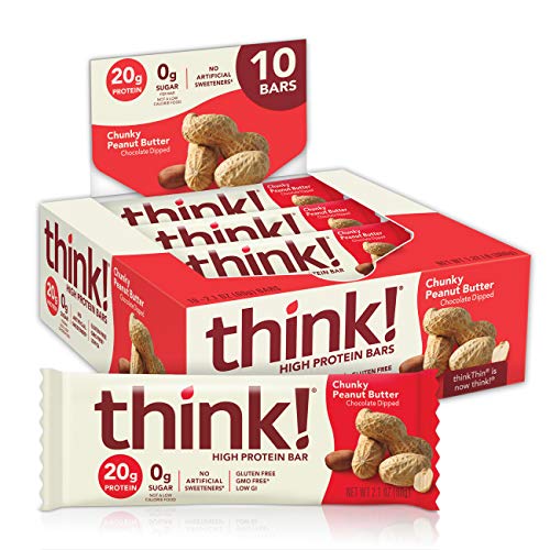 think! (thinkThin) High Protein Bars - Chunky Peanut Butter, 20g Protein, 0g Sugar, No Artificial Sweeteners, Gluten Free, GMO Free, 2.1 oz bar (10 Count - packaging may vary)