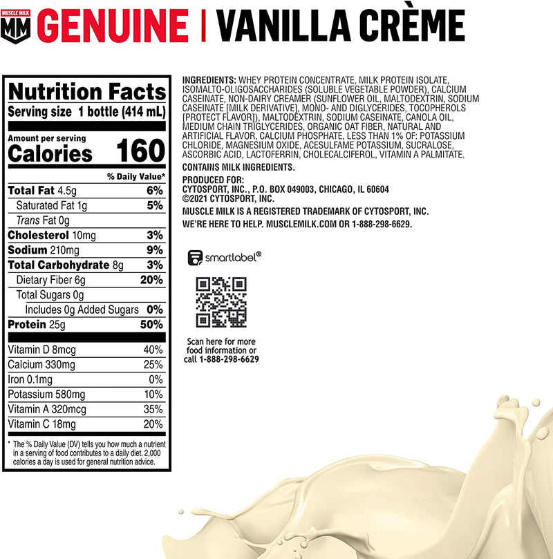 Muscle Milk Genuine Protein Shake, Vanilla Crème, 25g Protein, 14 Fl Oz, 12 Pack