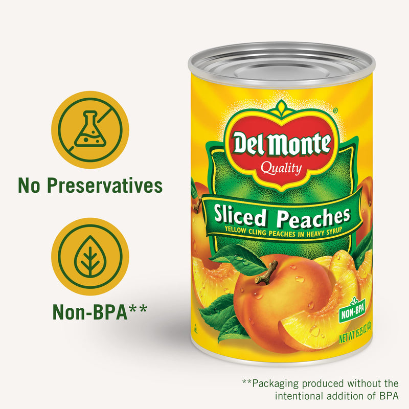 Del Monte Yellow Cling Sliced Peaches in Heavy Syrup, 15.25 oz Cans - Sweet, Juicy Fruit, Ready to Eat - (Pack of 12)