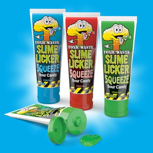 Toxic Waste Slime Licker Squeeze Sour Candy | 12 Count Display with Blue Razz, Cherry, and Green Apple Flavors