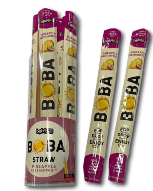 Boba Straw Pineapple Passionfruit Flavored Straws box containing 16 individually wrapped tropical candy straws