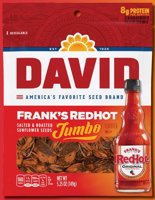 David Franks Red Hot Flavored Salted Roasted Jumbo Sunflower Seeds 5.25oz 12-Pack Wholesale