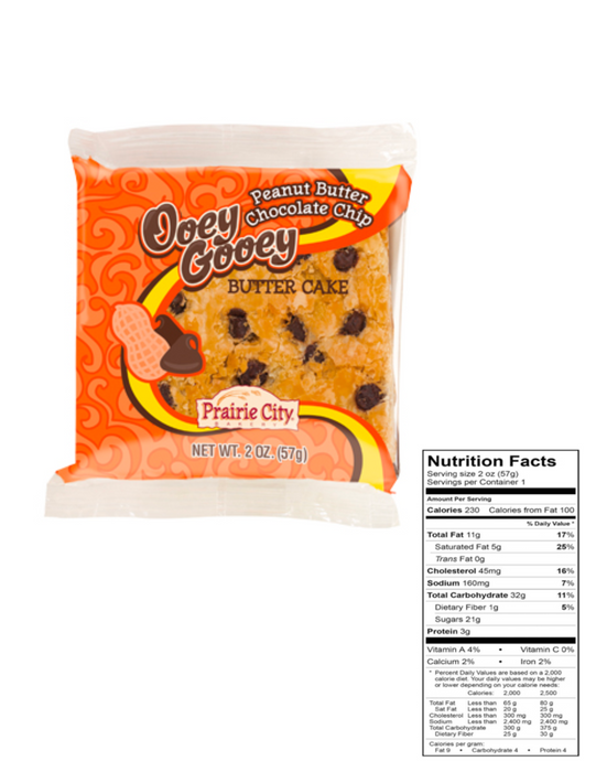 Prairie City Bakery Ooey Gooey Peanut Butter Chocolate Chip Cakes 2 oz Individually Wrapped 10-Pack Wholesale