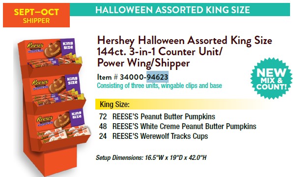 Reese's Mixed King Size 3-in-1 candy shipper display with assorted Reese's king size chocolate peanut butter treats, 144ct