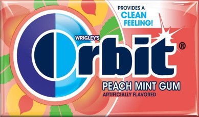 Orbit Sugar-Free Peach Mint Gum 14-piece pack, showing packaging with peach and mint branding