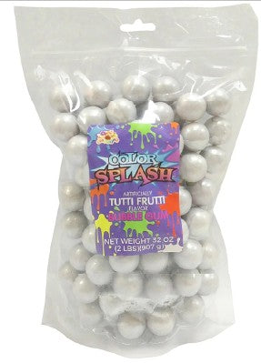 Color Splash! Tutti Frutti Gumballs in a 2 lb silver sleeve, featuring colorful assorted fruit-flavored gumballs
