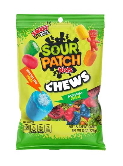 Sour Patch Kids Chews sour candy 5.12 oz pegbag by Mondelez, wholesale 12-count case for retail and c-store