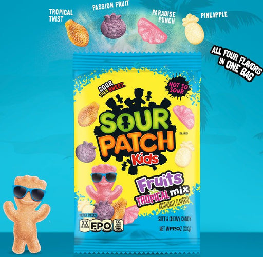 Sour Patch Kids Tropical Fruits candy peg bag 7.28oz with colorful tropical fruit-flavored soft candy pieces