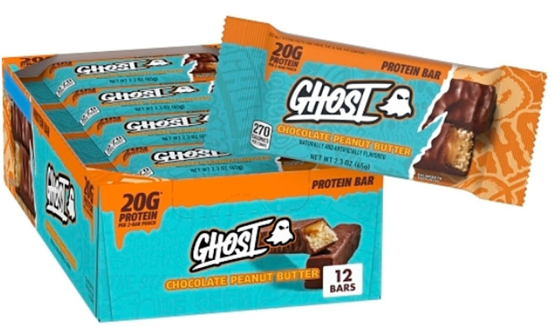 Ghost Chocolate Peanut Butter Protein Bar 2.3 oz wrapper showing nutrition and Ghost branding