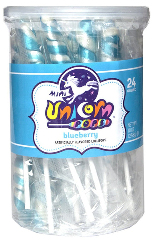 Adams & Brooks Mini Unicorn Pops light blue and white blueberry-flavored lollipops, 24ct tub