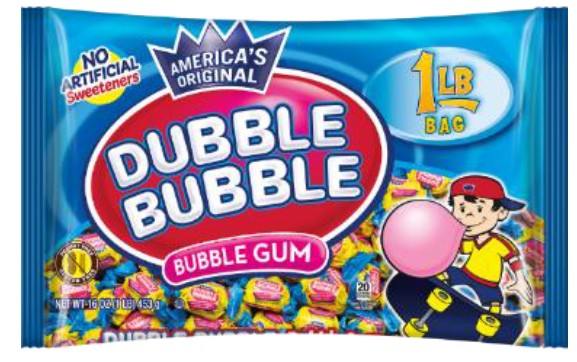Double Bubble Original Bubble Gum 1 lb bag filled with individually wrapped pink gum pieces
