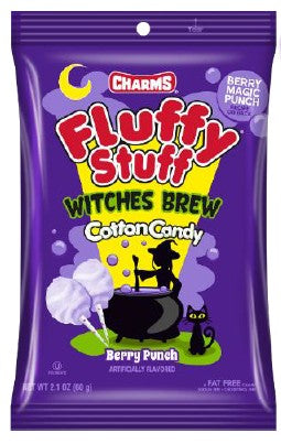 Charms Fluffy Stuff Witches Brew Cotton Candy bag with Halloween-themed spooky design