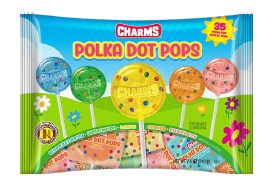 Charms Polka Dot Pops assorted fruit-flavored lollipops with colorful polka dot design, 12ct