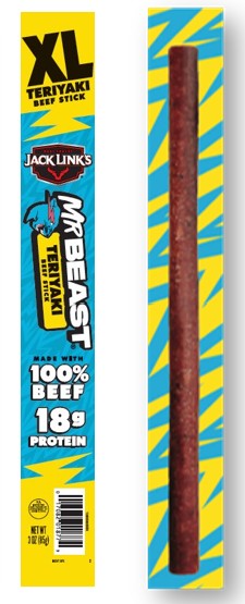 MrBeast Teriyaki Beef Jerky 3 oz bag with bold branding and teriyaki flavor label