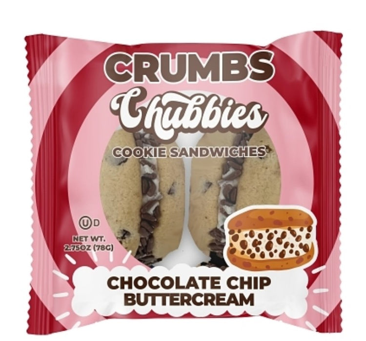 Chubbies Chocolate Chip Cake Cookie Sandwich with soft cake layers, cream filling, and chocolate chips — 12ct