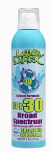 Landshark SPF 30 spray sunscreen 6 oz bottle with continuous spray nozzle for broad-spectrum sun protection