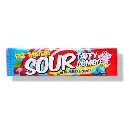 Face Twisters Sour Taffy Candy, Blue Raspberry & Cherry (24-Pack)