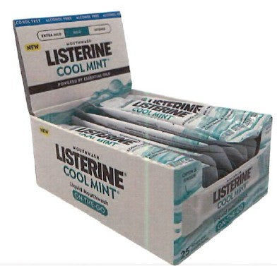 Listerine Cool Mint Single-Use Mouthwash Sachets box of 25 portable pre-measured oral care packets