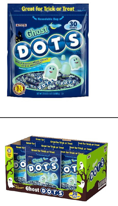 Dots Ghosts Halloween ghost-shaped candy mini boxes, 30-count resealable bag, gluten free and peanut free