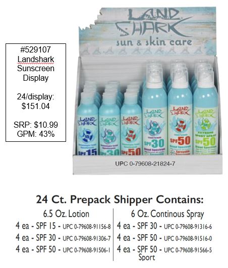 Landshark Sunscreen Display with 24 units of branded sun protection sunscreen
