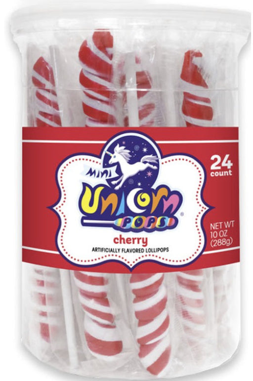 Adams Mini Unicorn Pop Red Cherry lollipops in a 24-count tub with playful unicorn design