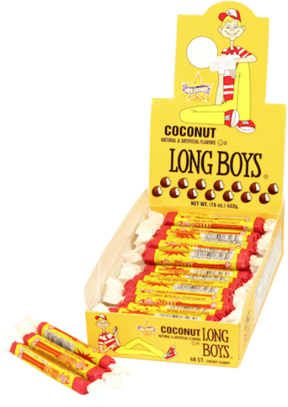 Long Boys Coconut Chewy Candy 16 oz bag with 48 individually wrapped coconut-flavored chewy candy pieces