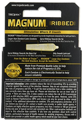 Trojan Magnum Ribbed Condoms, Large Size, Textured for Extra Stimulation, 3-Pack