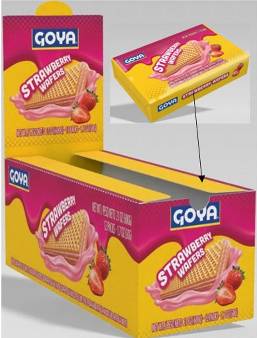 Goya Strawberry Wafer Cookies box showing crispy wafer layers with strawberry cream filling, 12ct