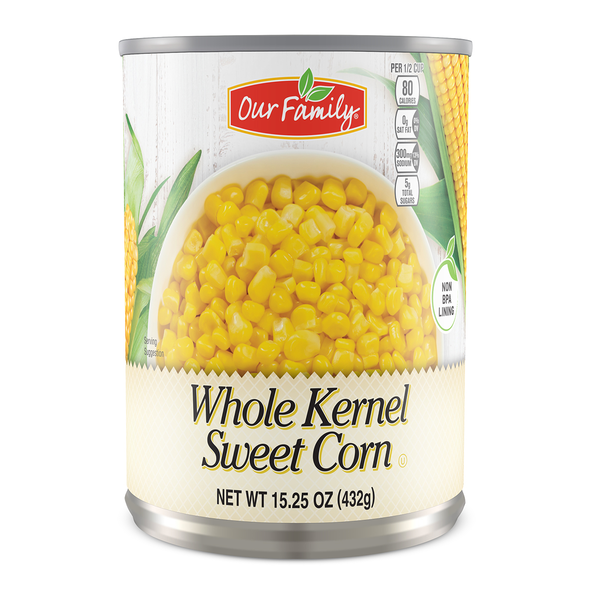 Our Family Whole Kernel Corn 15.3 oz can front packaging