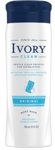 Ivory Classic Clean Body Wash bottle with white and light blue label, gentle daily shower gel