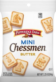 Pepperidge Farm Chessman Mini Cookies 2.25 oz bag featuring embossed chess-piece butter shortbread cookies