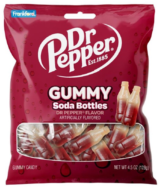 Dr Pepper Gummy Soda Bottles 4.5 oz peg bag with soda-bottle-shaped gummy candies