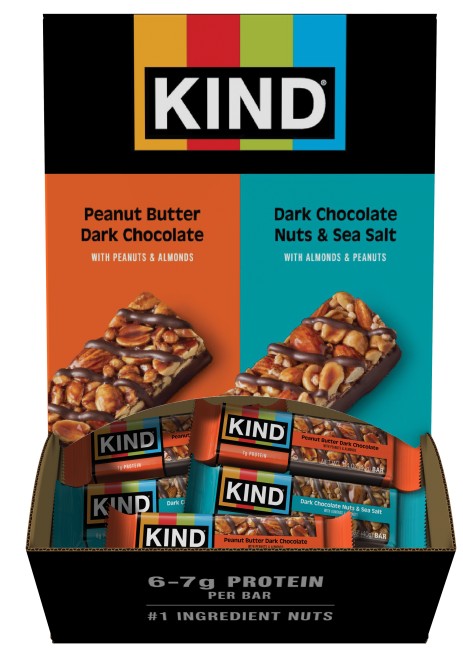 KIND Bar Mixed Variety Counter Display with 24 individual 1.4 oz bars featuring assorted flavors made with whole nuts and fruit
