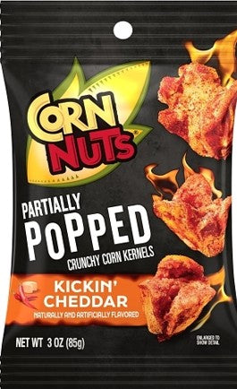 Corn Nuts Part Popped Kickin' Cheddar 3 oz bag with bold cheddar seasoning and part-popped corn kernels