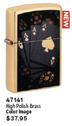 Zippo Poker Design High Polish Chrome windproof pocket lighter with card suit motif and mirror-finish chrome case