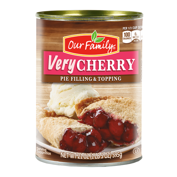 Our Family Very Cherry Pie Filling 21 oz can front packaging