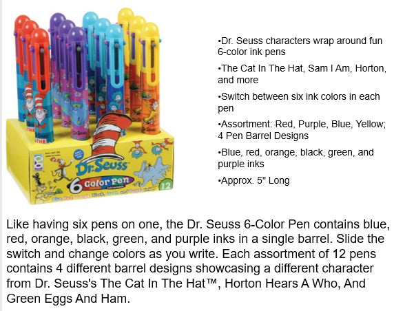 Dr. Seuss 6 Color Pen with whimsical character artwork and six ink colors in one barrel