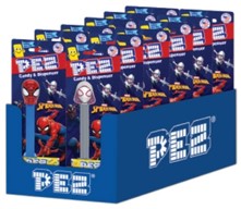 PEZ Spider-Man candy dispenser on blister card with fruity PEZ candy refills, Marvel character design