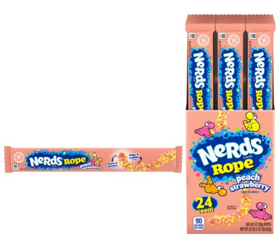 Nerds Ropes Peach Strawberry 0.92 oz candy rope with colorful crunchy Nerds coating, peach and strawberry flavored