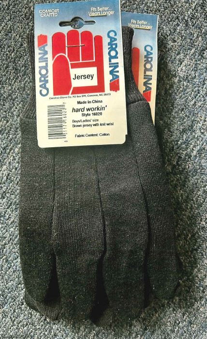 Westchester Protective brown jersey knit work gloves in small size for general labor and warehouse use