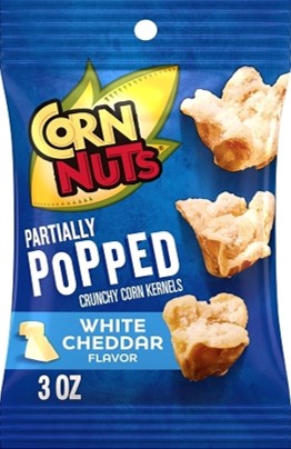 Corn Nuts Partly Popped White Cheddar corn snack, 3 oz bag with bold white cheddar seasoning and partly popped kernels