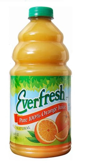 Everfresh 100% Orange Juice 64 oz bottle with bright orange label and citrus branding