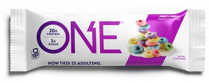 One Bar Fruity Cereal high-protein bar with 20g protein and 1g sugar, colorful cereal-inspired packaging