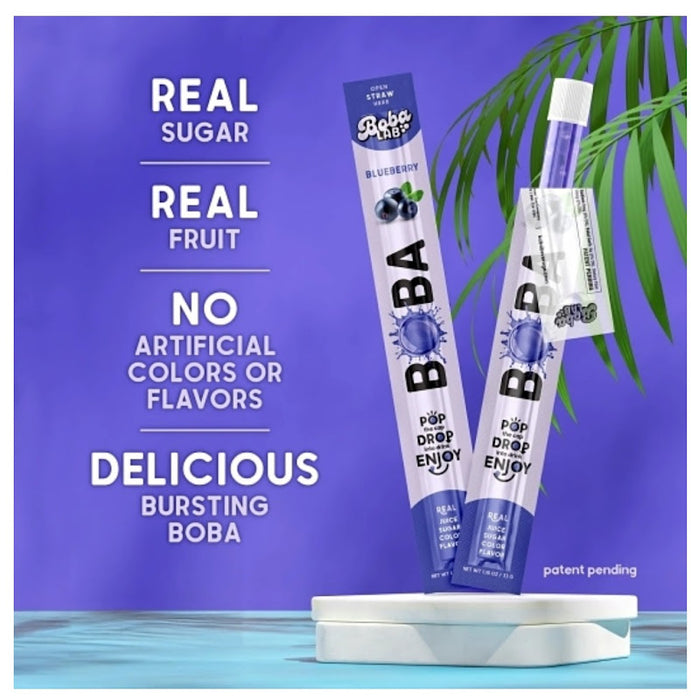 Boba Straw Blueberry Flavored Drinking Straws box containing 16 fruit-filled boba straws