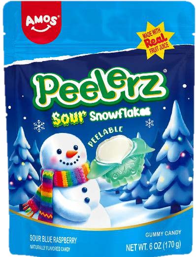 Amos Peelerz Sour Snowflakes Blue Raspberry sour candy, 12ct, with bold tangy sherbet flavor