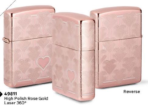Zippo high-polish rose gold lighter with Laser 360 all-over repeating heart design and bold heart on face, shown in gift box