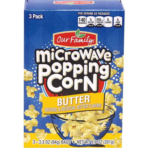 Our Family Microwave Butter Popcorn 9.9 oz box front packaging