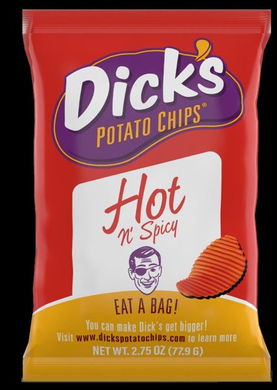 Dick's Chips Hot & Spicy Potato Chips 2.75 oz bag with bold spicy seasoning